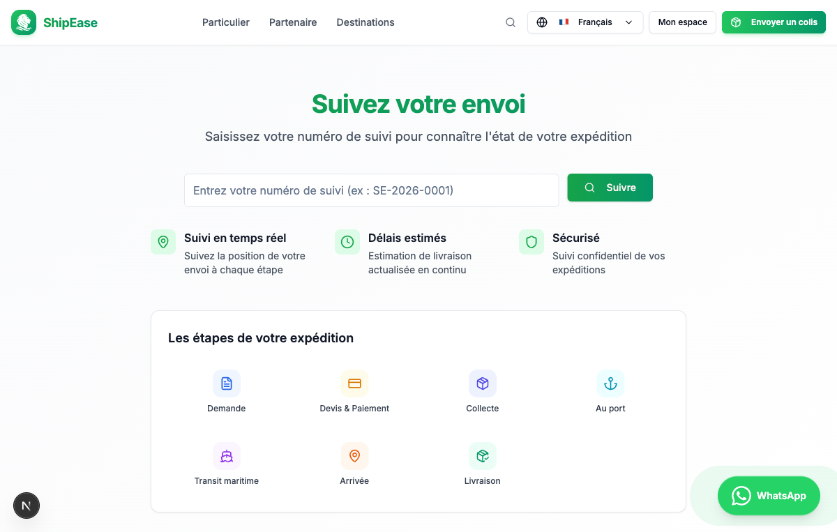 Page de suivi ShipEase avec le champ de saisie du numéro et les 7 étapes